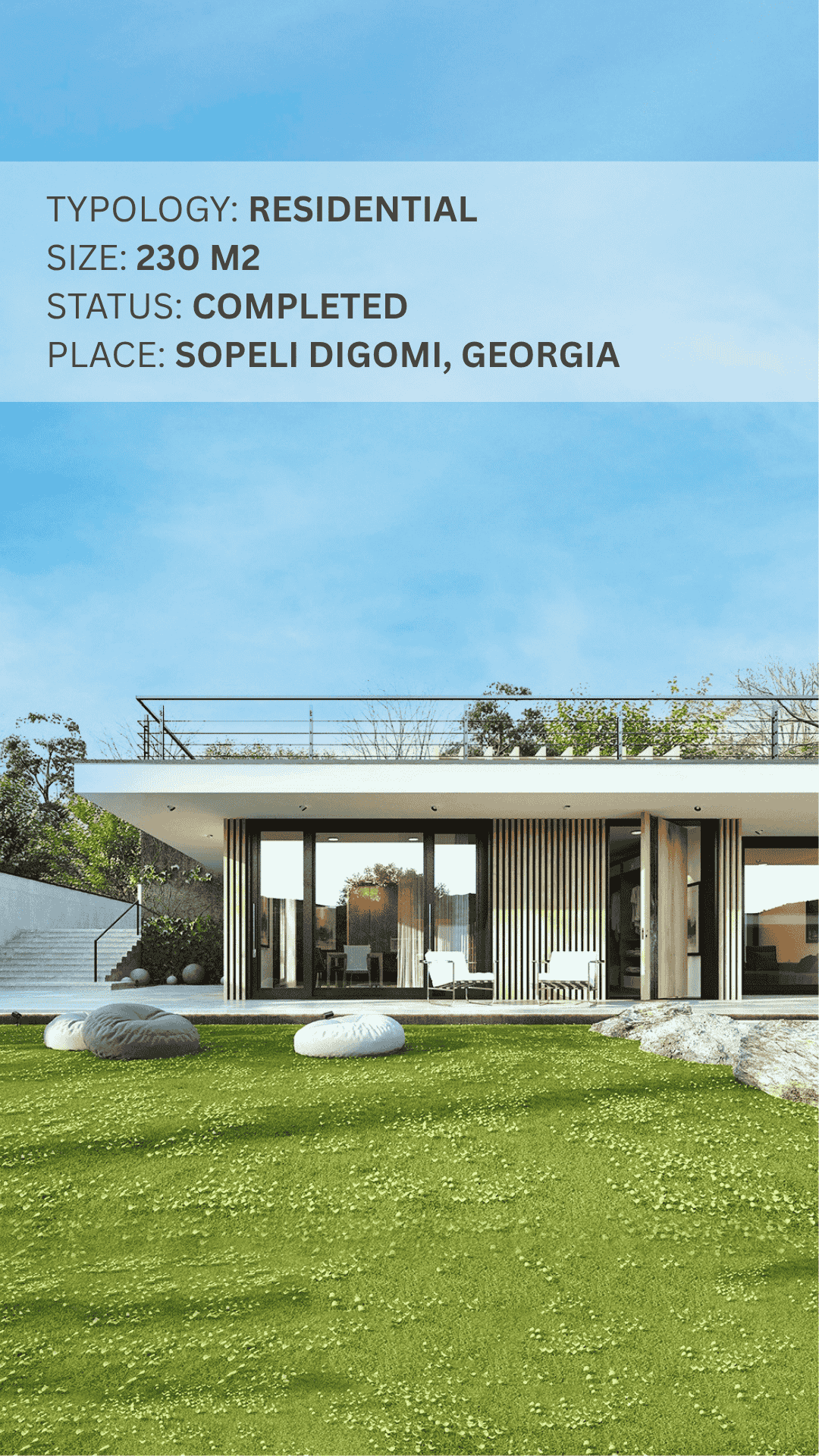 230 m² custom home in Sopeli Digomi, Georgia featuring professional architecture, interior design, construction, and renovation solutions.
