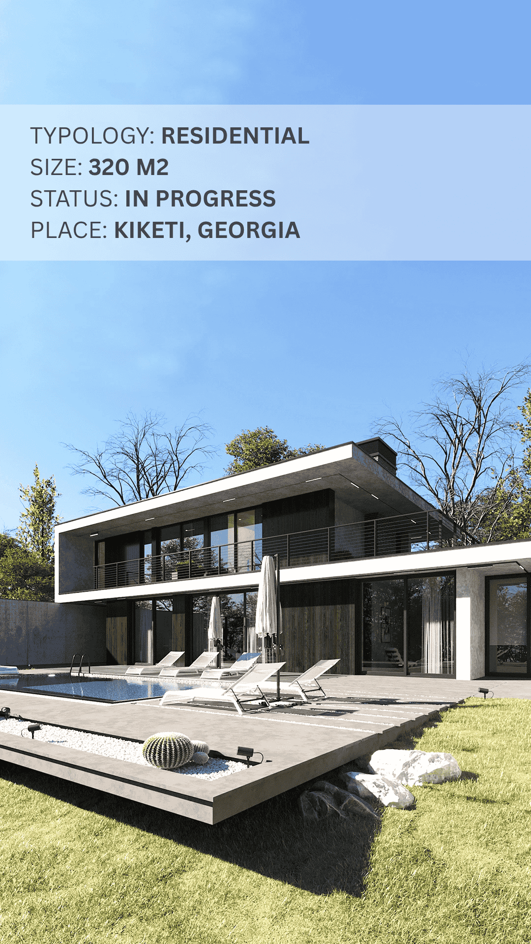 320 m² residential project in Kiketi, Georgia with expert architecture, interior design, construction, and renovation services.